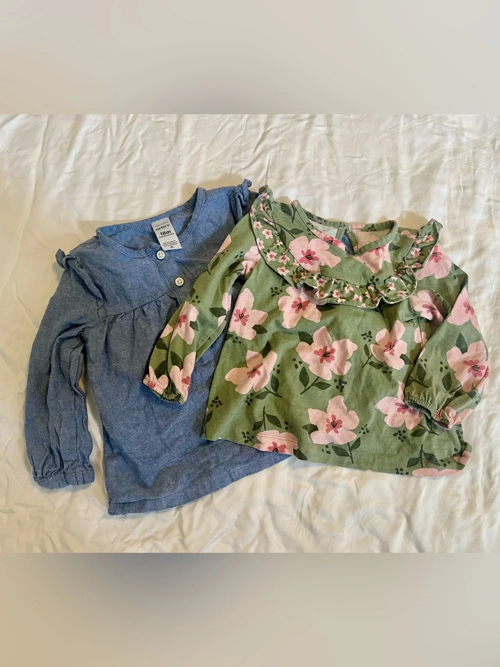 Carter's blouse bundle- Chambray & Green Floral Ruffle Baby Top